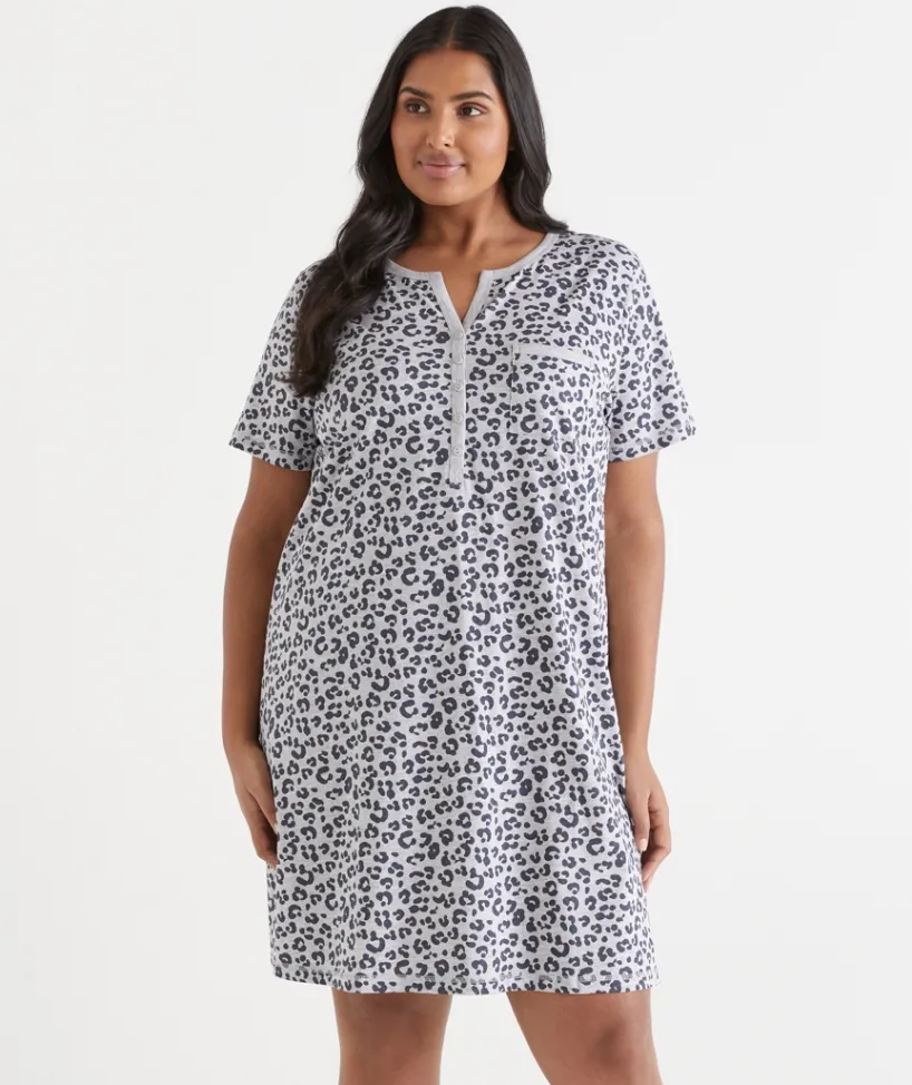 Sussan Nighties>Animal Print Short Sleeve Nightie SILVER MARLE