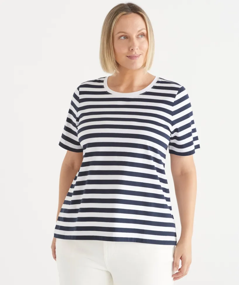 Sussan Tops|T-Shirts>Australian Cotton Stripe Swing T-Shirt MIDNIGHT