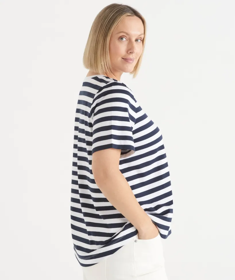 Sussan Tops|T-Shirts>Australian Cotton Stripe Swing T-Shirt MIDNIGHT