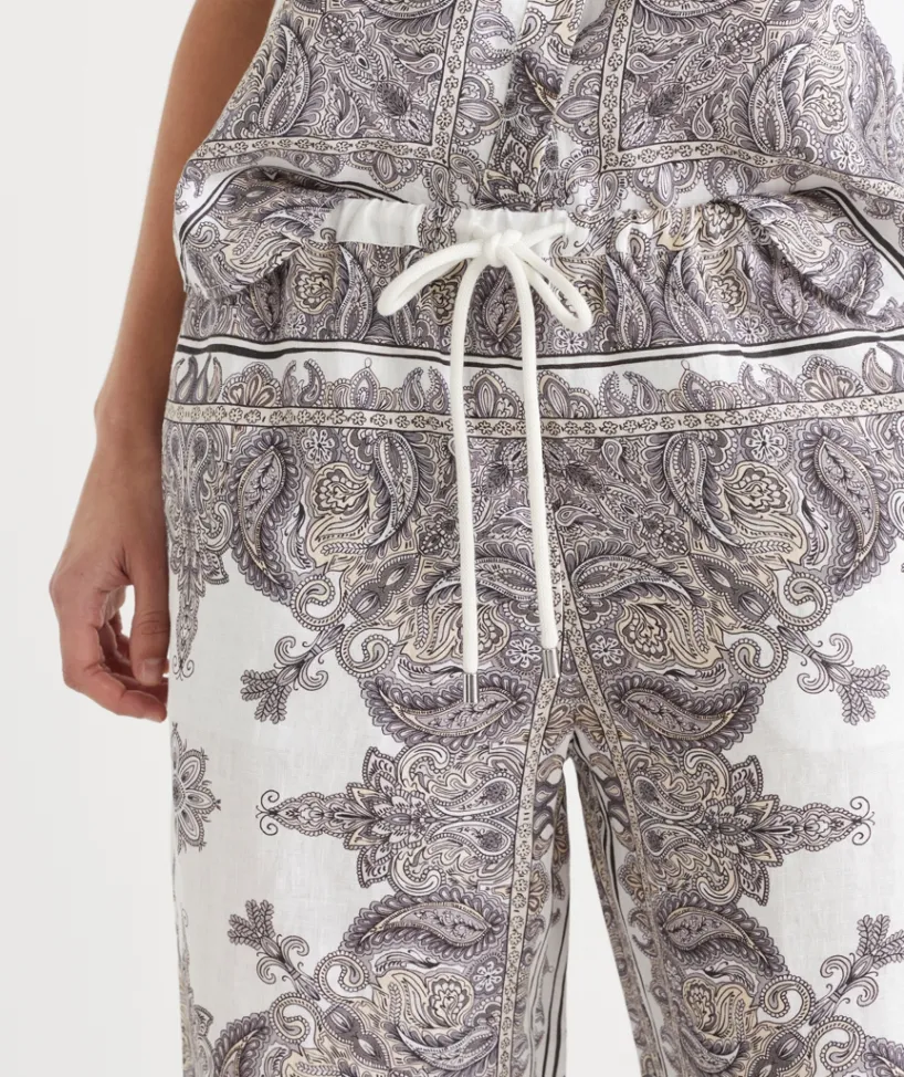 Sussan Pants|Matching Sets>Bandana Print Drawstring Wide Leg Linen Pant ANTIQUE WHITE