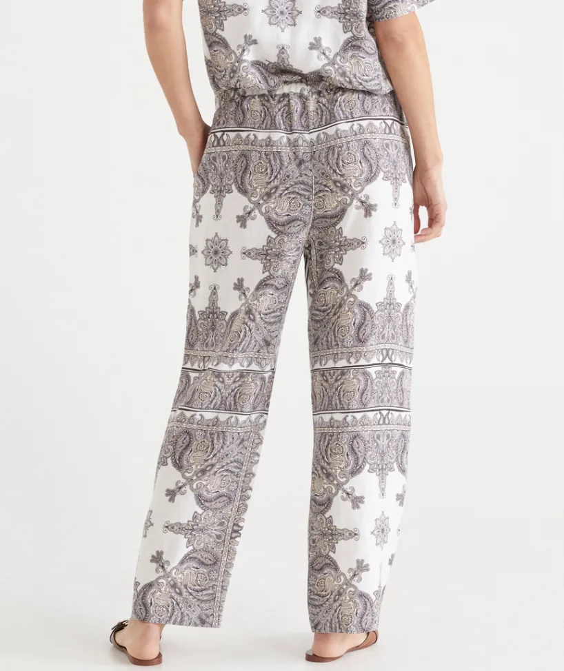 Sussan Pants|Matching Sets>Bandana Print Drawstring Wide Leg Linen Pant ANTIQUE WHITE