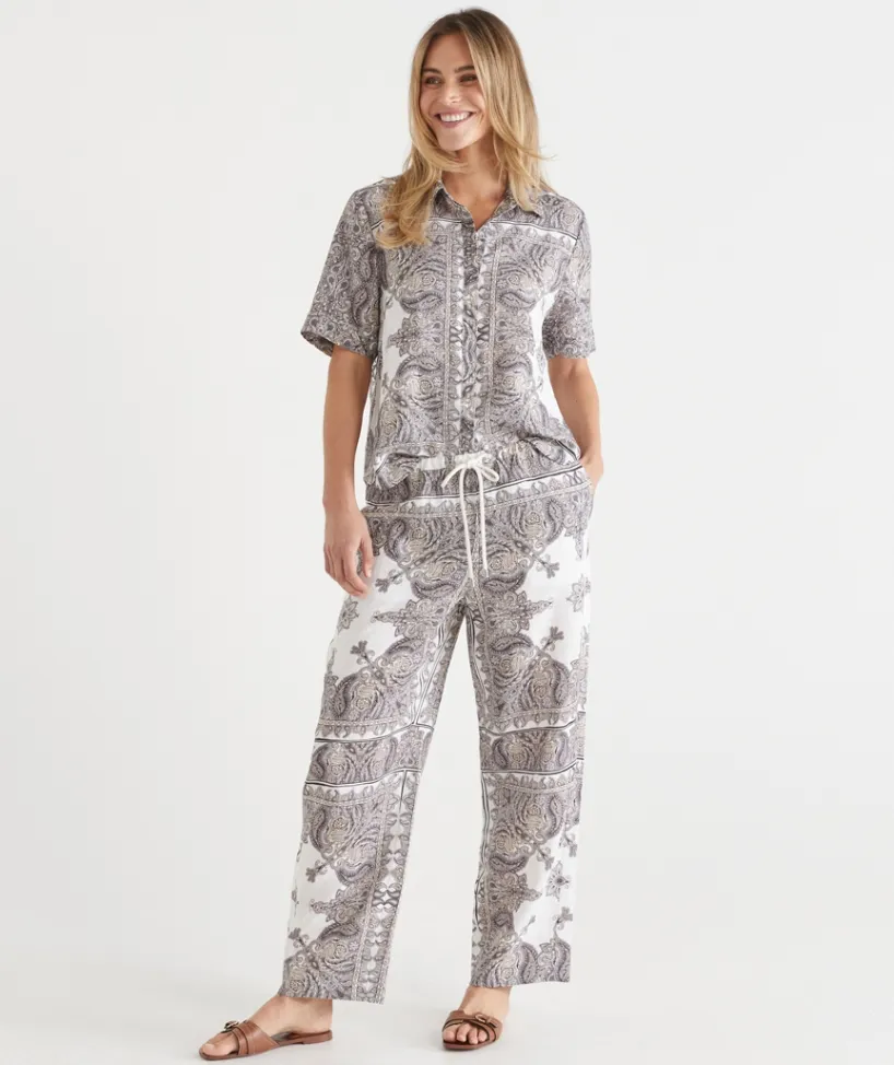 Sussan Pants|Matching Sets>Bandana Print Drawstring Wide Leg Linen Pant ANTIQUE WHITE