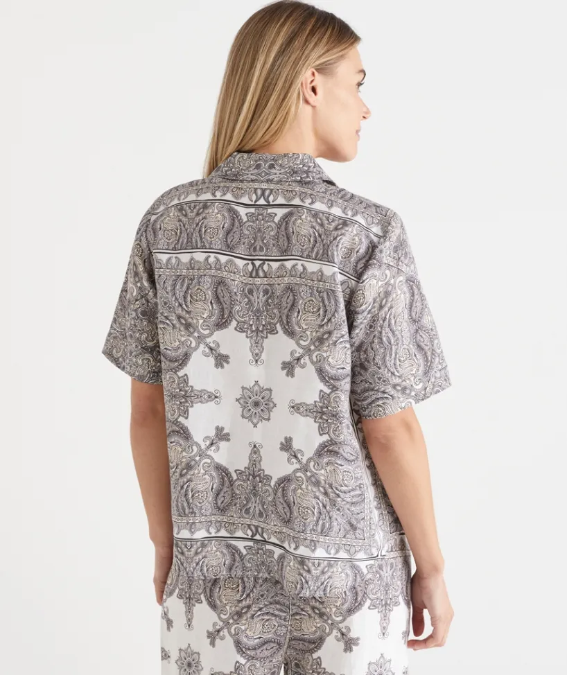Sussan Tops|Shirts & Blouses>Bandana Print Short Sleeve Linen Shirt ANTIQUE WHITE