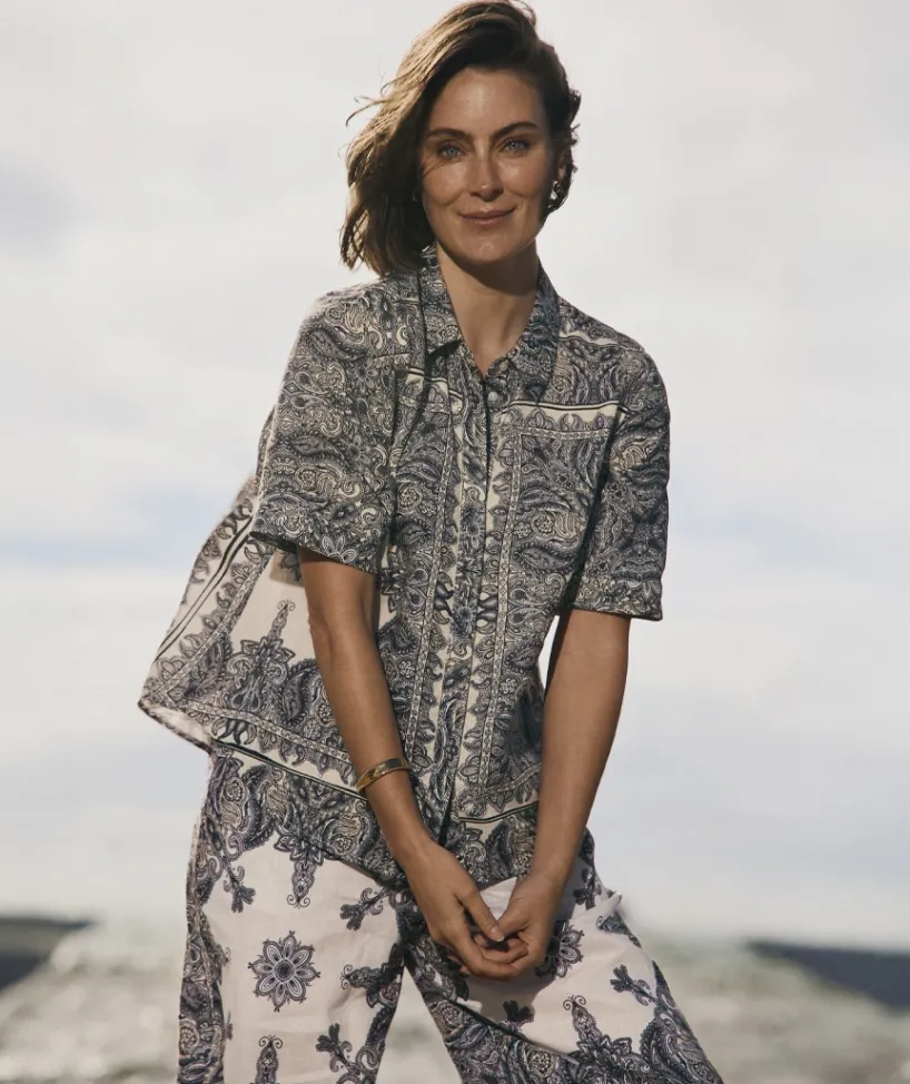 Sussan Tops|Shirts & Blouses>Bandana Print Short Sleeve Linen Shirt ANTIQUE WHITE