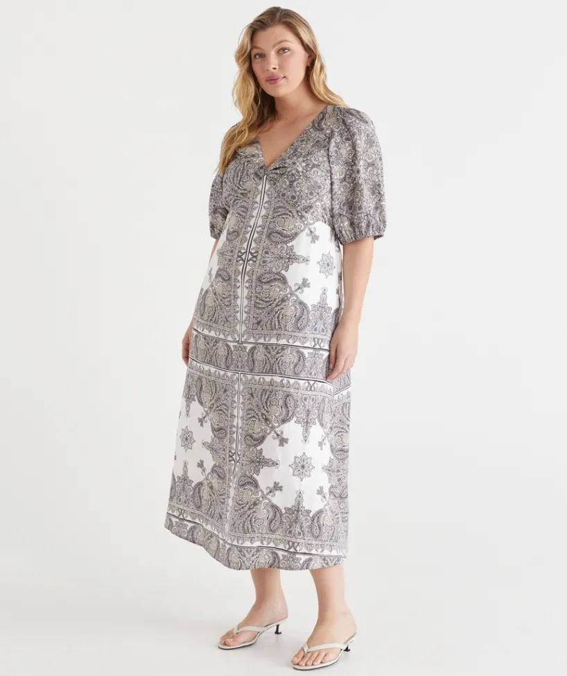 Sussan Dresses|Matching Sets>Bandana Print V Neck Short Sleeve Midi Linen Dress ANTIQUE WHITE