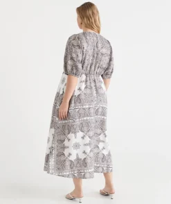 Sussan Dresses|Matching Sets>Bandana Print V Neck Short Sleeve Midi Linen Dress ANTIQUE WHITE