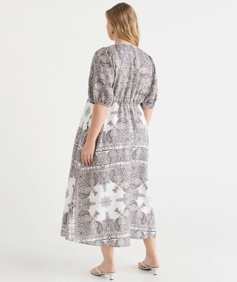 Sussan Dresses|Matching Sets>Bandana Print V Neck Short Sleeve Midi Linen Dress ANTIQUE WHITE