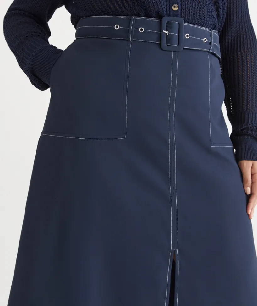 Sussan Skirts>Belted A-Line Midi Skirt INK