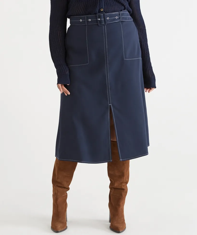 Sussan Skirts>Belted A-Line Midi Skirt INK