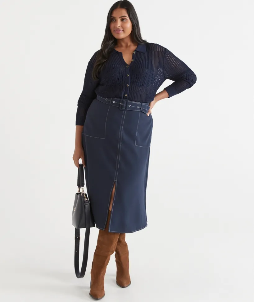 Sussan Skirts>Belted A-Line Midi Skirt INK