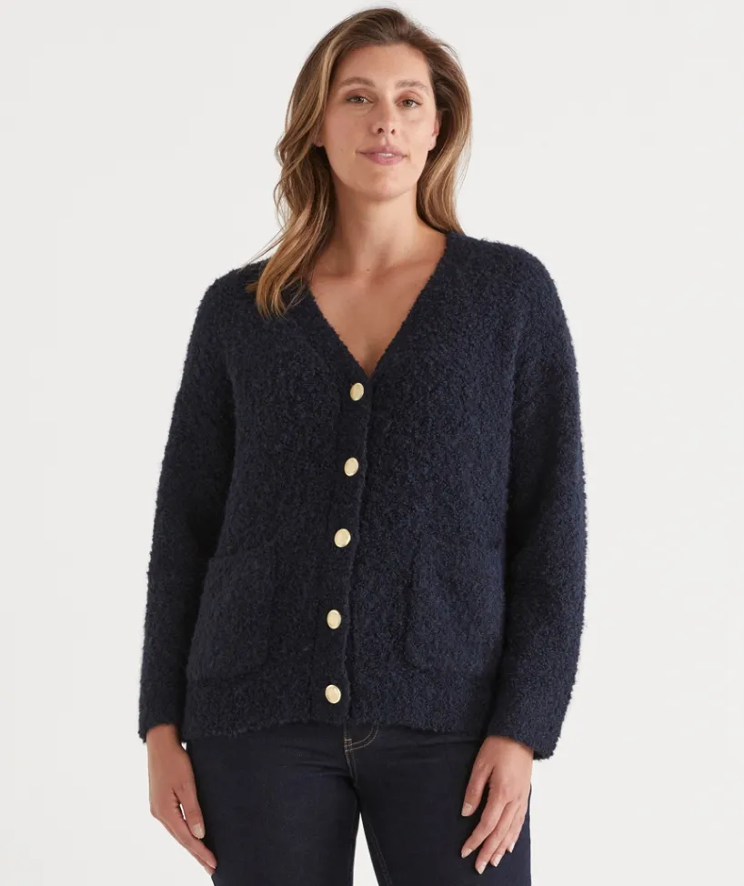 Sussan Knitwear|Knit Cardigans>Boucle Longline V Neck Cardigan - INK