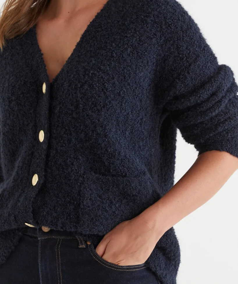 Sussan Knitwear|Knit Cardigans>Boucle Longline V Neck Cardigan - INK