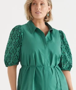 Sussan Dresses>Broderie Puff Sleeve Dress DEEP JADE