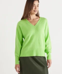 Sussan Tops|Knitwear>Brushed Rib V Neck Jumper LIME