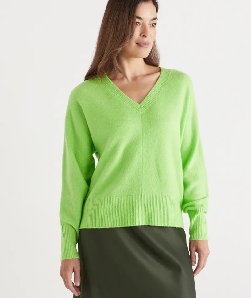 Sussan Tops|Knitwear>Brushed Rib V Neck Jumper LIME