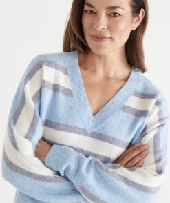 Sussan Tops|Knitwear>Brushed Stripe V Neck Jumper BLUE MIST