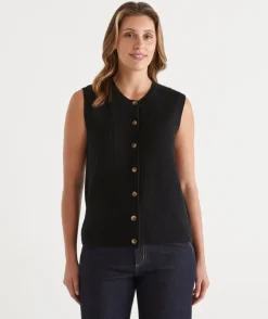 Sussan Tops|Knitwear>Button Up Knit Vest BLACK