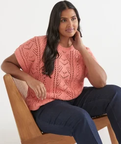 Sussan Tops|Knitwear>Cable Short Sleeve Knit PEACH