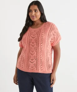 Sussan Tops|Knitwear>Cable Short Sleeve Knit PEACH