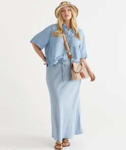 Sussan Tops|Matching Sets>Chambray Boxy Short Sleeve Shirt