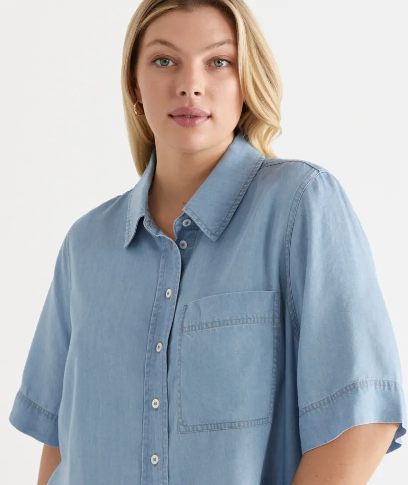 Sussan Tops|Matching Sets>Chambray Boxy Short Sleeve Shirt