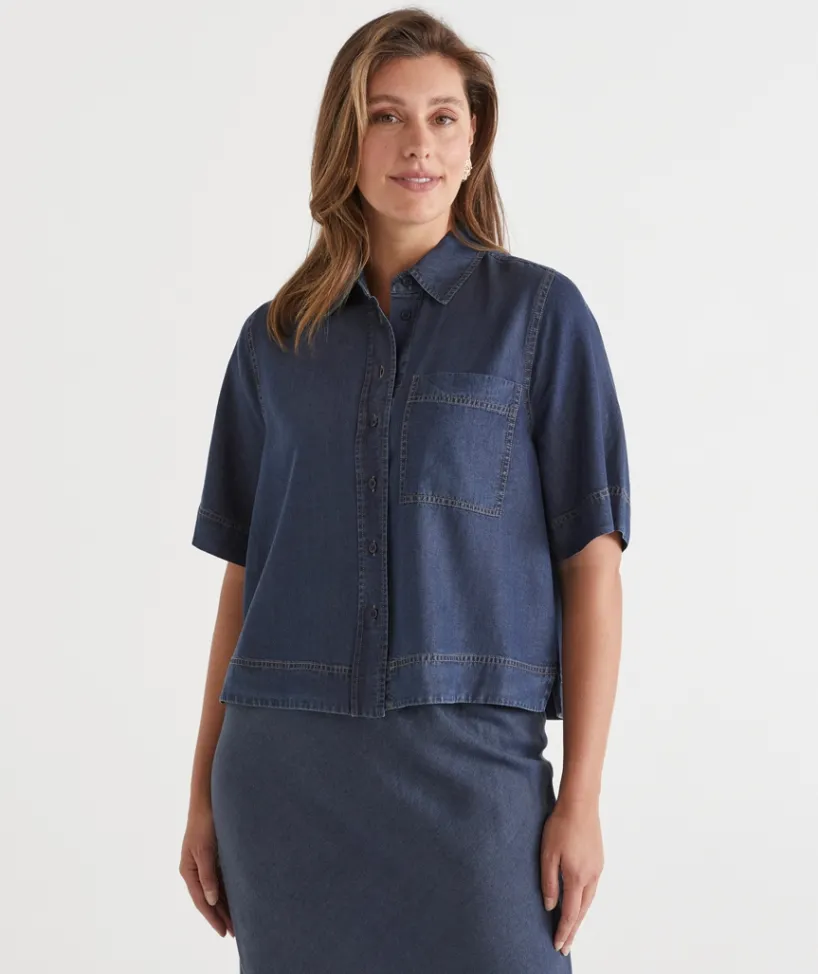 Sussan Tops|Matching Sets>Chambray Boxy Short Sleeve Shirt