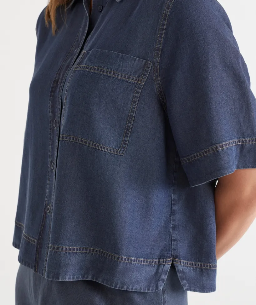 Sussan Tops|Matching Sets>Chambray Boxy Short Sleeve Shirt