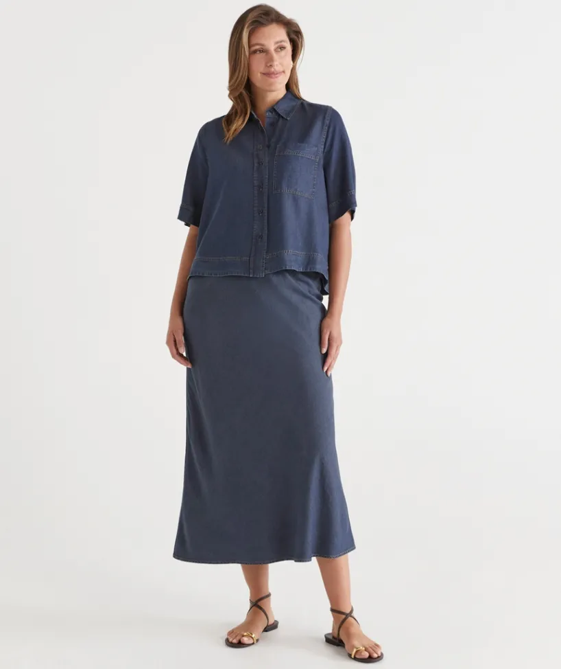 Sussan Skirts>Chambray Drawstring Midi Skirt