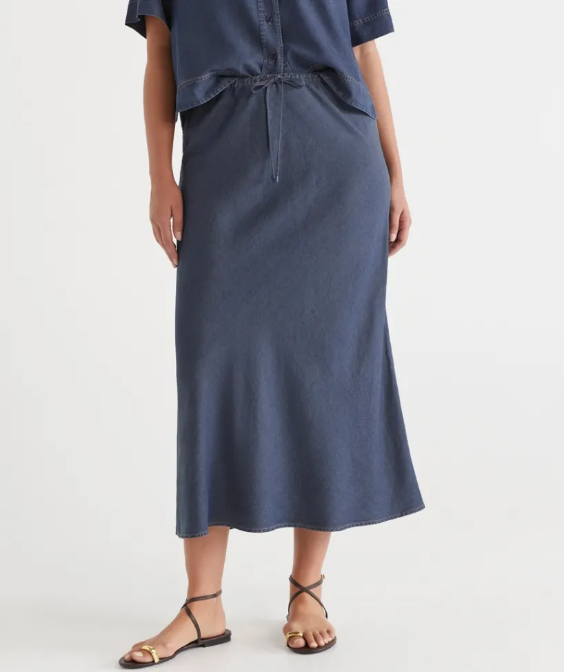 Sussan Skirts>Chambray Drawstring Midi Skirt
