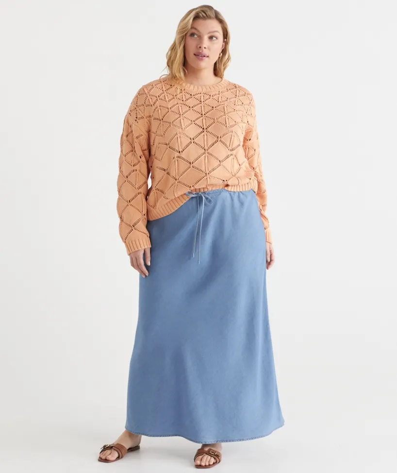 Sussan Skirts>Chambray Drawstring Midi Skirt