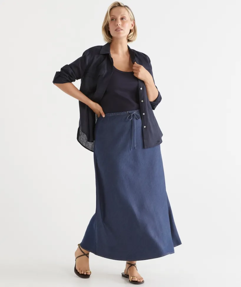 Sussan Skirts>Chambray Drawstring Midi Skirt