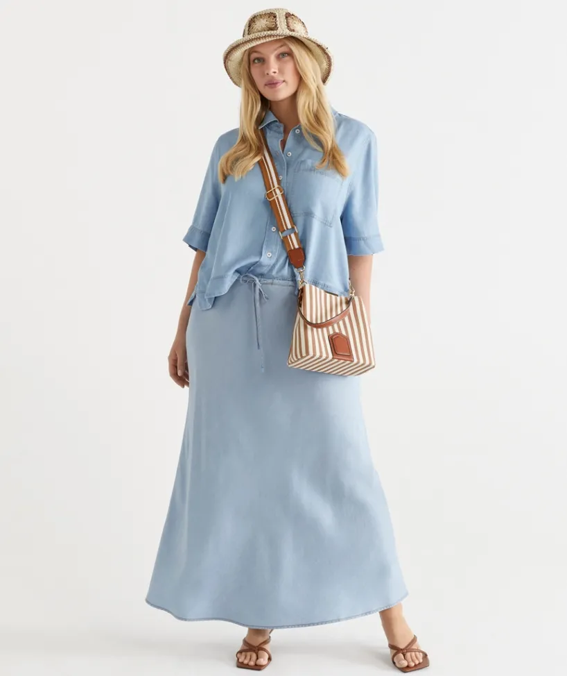 Sussan Skirts>Chambray Drawstring Midi Skirt