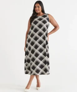 Sussan Dresses>Check Print Column Dress BLACK