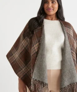 Sussan Wraps & Ponchos>Check Print Tassel Cape COFFEE