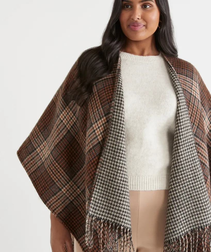 Sussan Wraps & Ponchos>Check Print Tassel Cape COFFEE