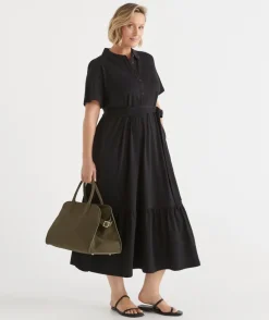 Sussan Dresses>Collared Jersey Short Sleeve Midi Dress BLACK