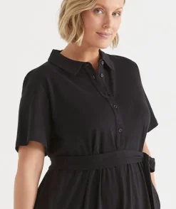 Sussan Dresses>Collared Jersey Short Sleeve Midi Dress BLACK