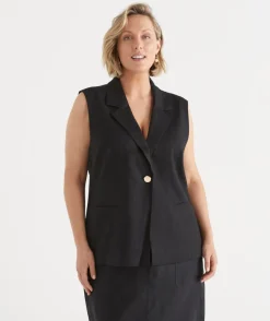 Sussan Tops|Matching Sets>Collared Longline Vest - BLACK