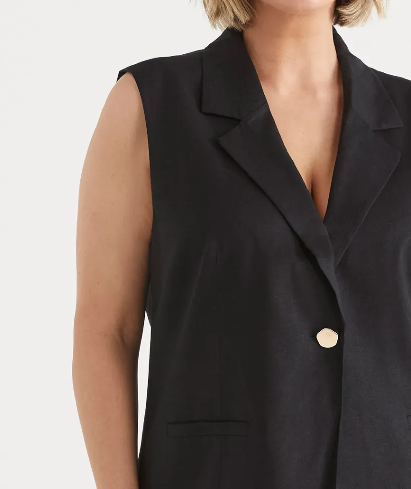 Sussan Tops|Matching Sets>Collared Longline Vest - BLACK