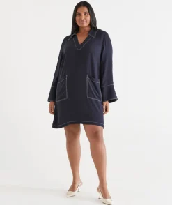 Sussan Dresses>Contrast Stitch Collared Popover Dress MIDNIGHT
