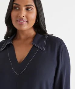 Sussan Dresses>Contrast Stitch Collared Popover Dress MIDNIGHT