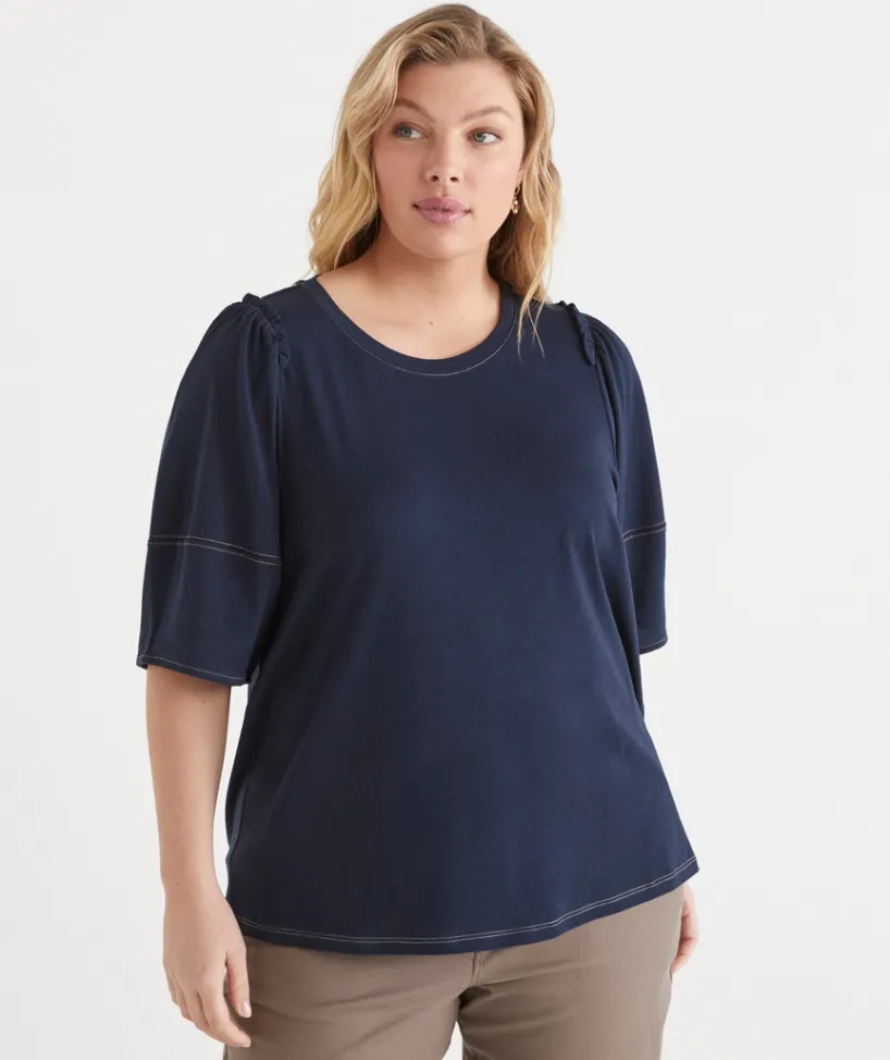 Sussan Tops|T-Shirts>Contrast Stitch Puff Sleeve Top