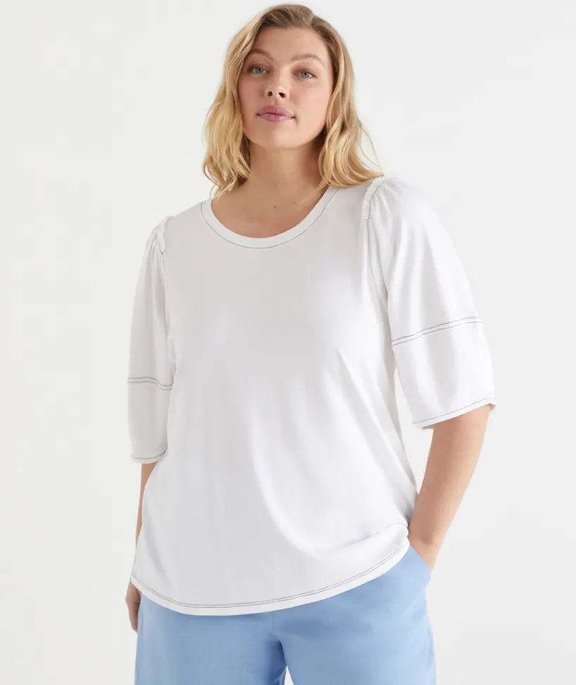 Sussan Tops|T-Shirts>Contrast Stitch Puff Sleeve Top