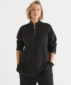 Sussan Tops|T-Shirts>Contrast Stitch Quarter-Zip Jumper - BLACK