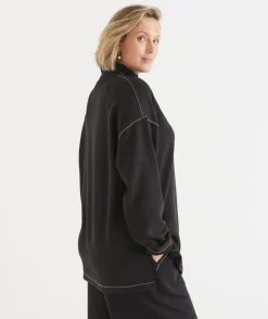 Sussan Tops|T-Shirts>Contrast Stitch Quarter-Zip Jumper - BLACK