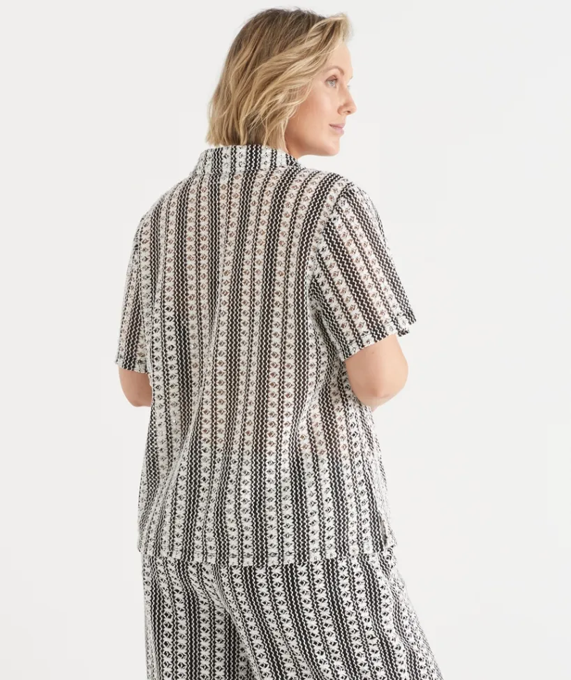 Sussan Tops|T-Shirts>Crochet Short Sleeve Polo Top BLACK/NATURAL