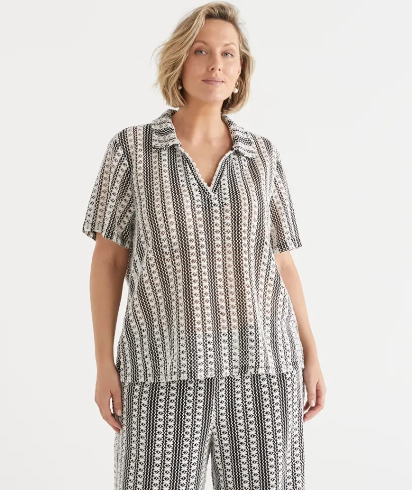 Sussan Tops|T-Shirts>Crochet Short Sleeve Polo Top BLACK/NATURAL