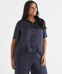 Sussan Tops|Matching Sets>Cupro Short Sleeve Shirt INK