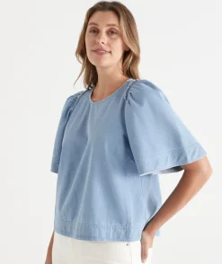 Sussan Tops|Denim>Denim Flutter Sleeve Top LIGHT WASH