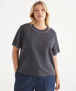 Sussan Tops>Embellished Short Sleeve Tee - SLATE
